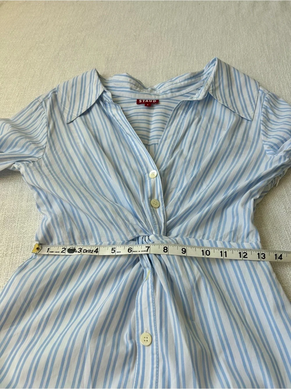 Staud Clea Twisted-Waist Midi Shirtdress Size 6 Blue White Striped Cotton zip - Picture 10 of 16